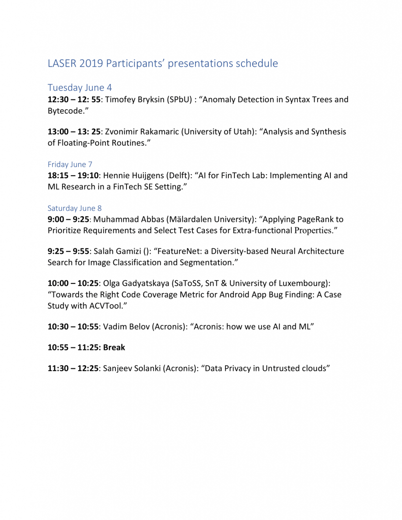 LASER 2019 participants' presentations schedule